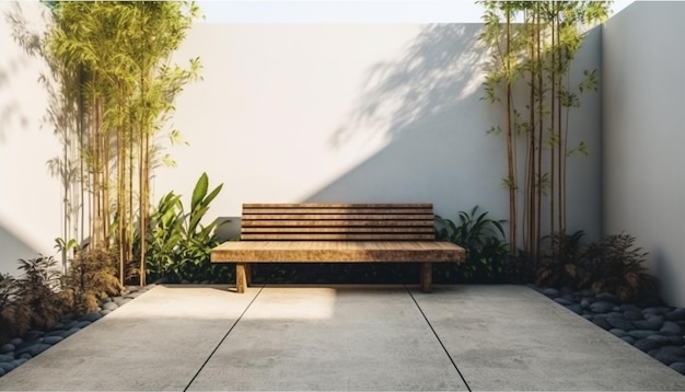 Natuurlijk minimalistisch achtertuinhuis met wat tuin en houten bank een plek om te ontspannen en te zitten als achtergrond en achtergrond