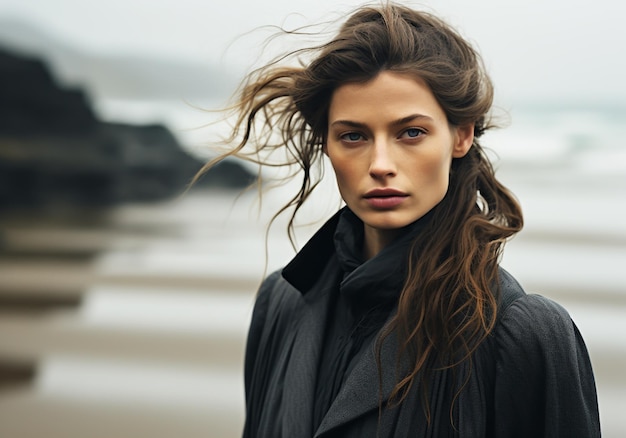 Natuurlijk portret van een mooie vrouw op het strand met lang haar dat in de wind waait Beauty concept AI