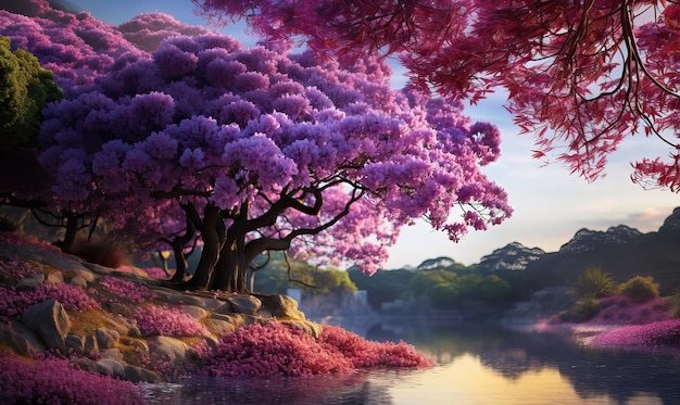 Natuurlijk voorjaarslandschap helder paars bloeiend landschap