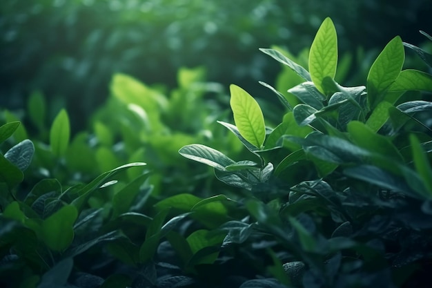 Natuurlijke achtergrondrand met verse, sappige bladeren met zachte focus buiten in de natuur AI generatief