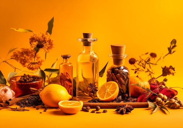 Natuurlijke aromatische ingrediënten op een gele achtergrond