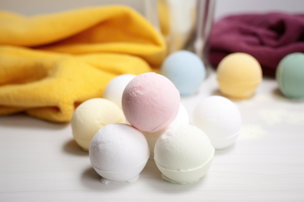 Natuurlijke bath bombs op een handdoek naast een badkuip