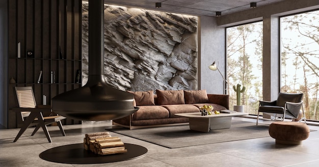 Natuurlijke berg rotswand in moderne woonkamer interieur 3d render