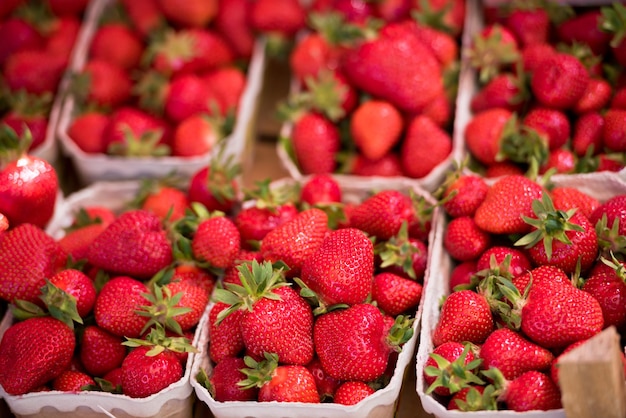 Natuurlijke biologische aardbeien in dozen op een boerenmarkt