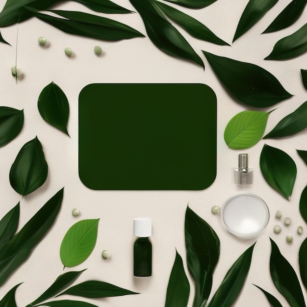 Natuurlijke biologische cosmetische verpakking plastic mockup met groene bladeren