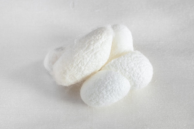 Foto natuurlijke cocons van zijderupsen op witte zijden stof