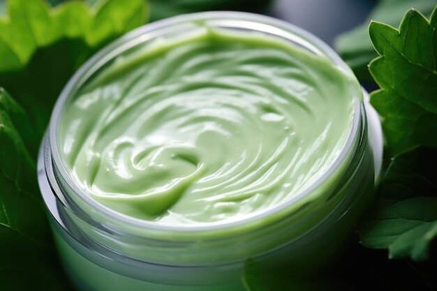 Natuurlijke cosmetica concept Pot met natuurlijke groene crème close-up