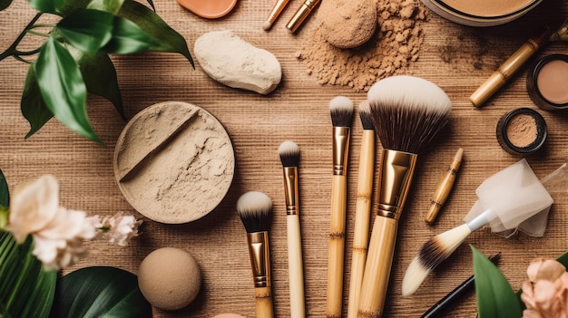 Natuurlijke cosmetica, make-upproducten zoals foundation, lippenstift, mascara en penselen, AI gegenereerd