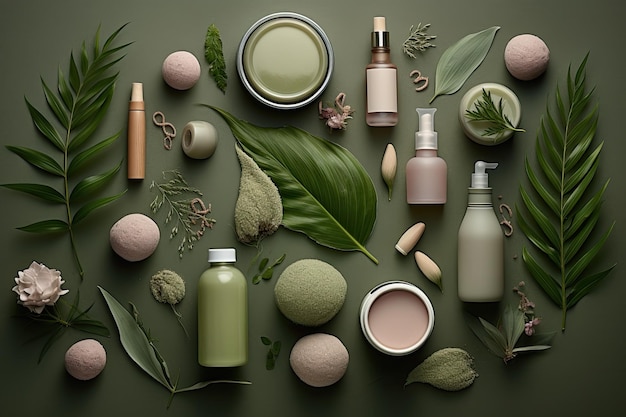 Natuurlijke cosmetica met bladeren en planten op een groene achtergrond Natuurlijke cosmetische concept AI-generatie