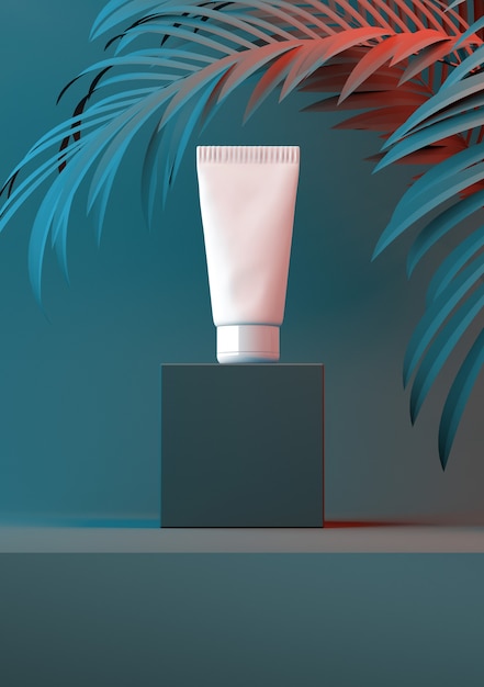 Natuurlijke cosmetische crème, serum, huidverzorging lege flesverpakking met bladerenkruid. biologisch biologisch product. Inhoud productplaatsing. 3d illustratie