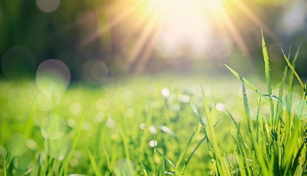 Natuurlijke grasachtergrond met vage bokeh en zon