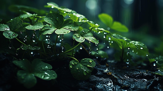 natuurlijke groene bladeren met regendruppels na een onweer in het tropische bos Closeup van gras