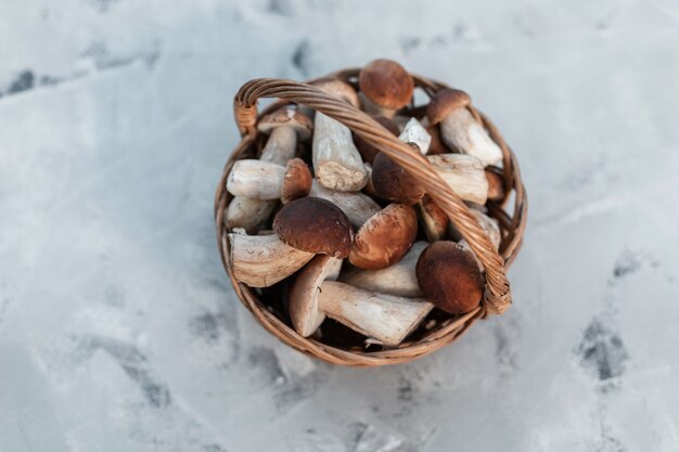 natuurlijke heerlijke paddenstoelen in een mand op een grijze houten achtergrond