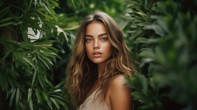 Natuurlijke ingrediënten in huidverzorging mooie jonge vrouw met groene planten Generatief AI-beeld