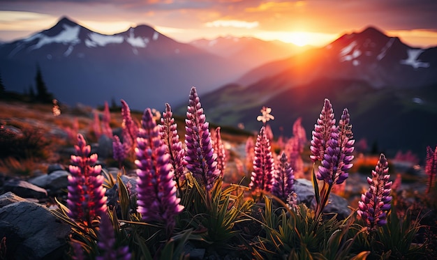 Natuurlijke landschap lupine bloemen tegen de achtergrond van bergen Selectieve zachte focus