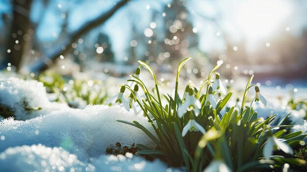 Natuurlijke lente achtergrond met delicate sneeuwdruppel bloemen op besneeuwde bosveld