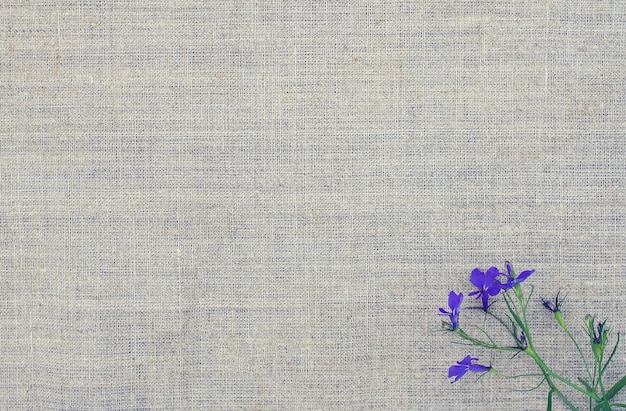 Natuurlijke linnentextuur met klein boeket van violette bloemen. Natuurlijke stof ruwe achtergrond.