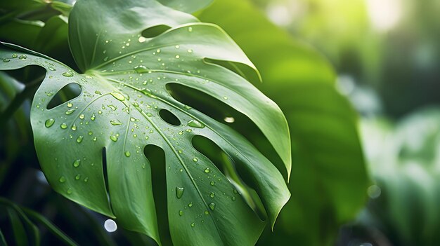 natuurlijke monstera bladeren met bokeh lente lichten achtergrond