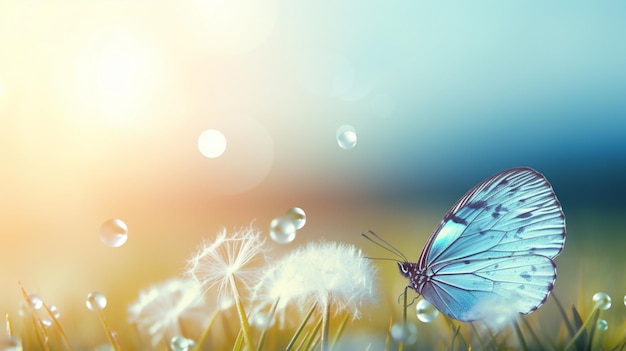 Foto natuurlijke ochtend achtergrond morpho vlinder en paardenbloem zaden van een paardenbloem in druppels