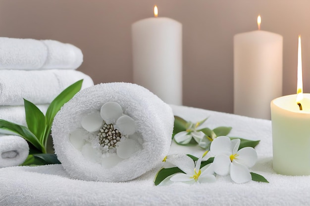 Natuurlijke ontspannende massagetafel voor spa-samenstelling in wellnesscentrum met handdoekenjasmijn bloemenzout