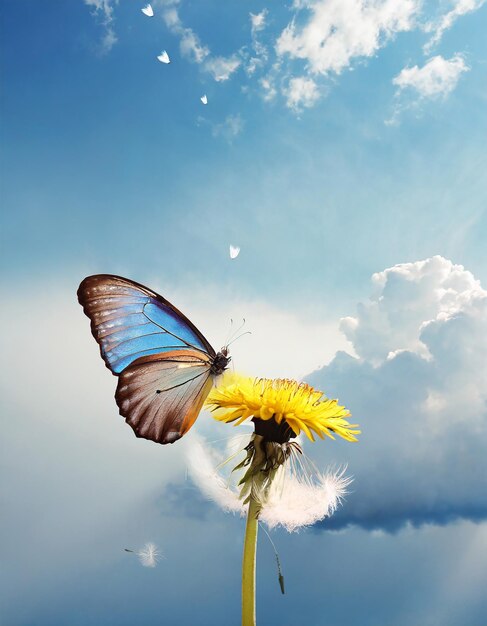 Foto natuurlijke pastelkleurige achtergrond morpho vlinder en paardenbloem zaden van een paardenbloesem in druppels w