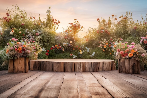 Natuurlijke podium product display achtergrond met dromerige bloemenveld achtergrond generatieve ai