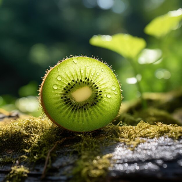 Natuurlijke schoonheid Gesneden Kiwi op grond met prachtige natuurlijke lichtgeneratieve Ai