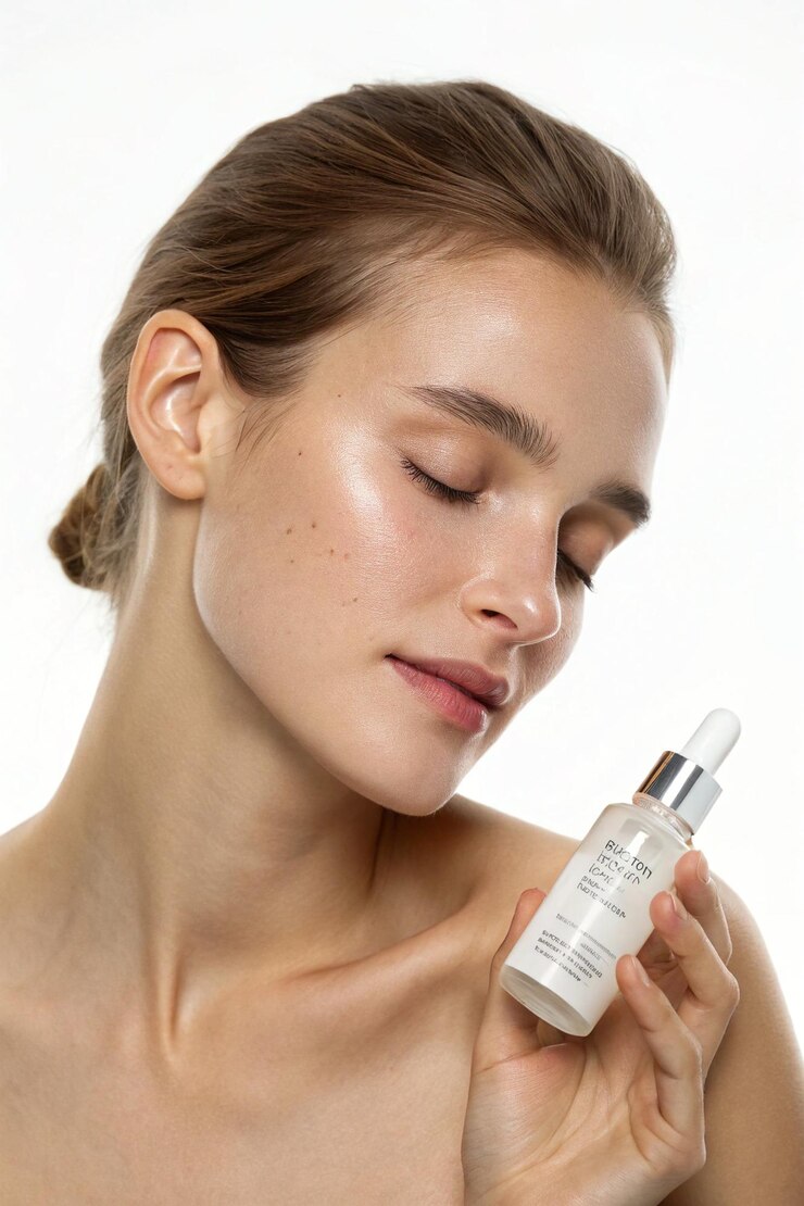 Foto natuurlijke schoonheid huidverzorging portret met serum fles vrouw met gloeiende huid