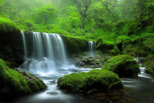 Natuurlijke waterval met stenen en groen mos in het bos
