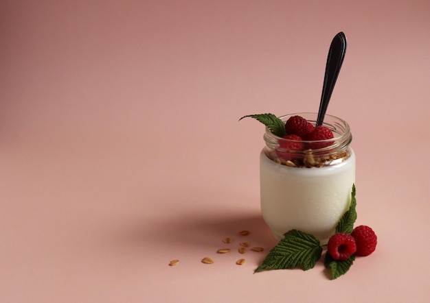 Natuurlijke witte yoghurt in een glazen pot met frambozenmuesli en metalen lepel