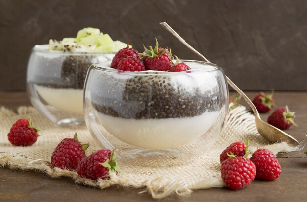 Natuurlijke yoghurt met Chia-zaden en frambozen.