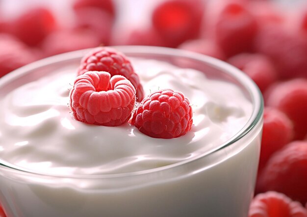 Foto natuurlijke yoghurt met verse rauwe frambozen voor een gezond ontbijtai generative