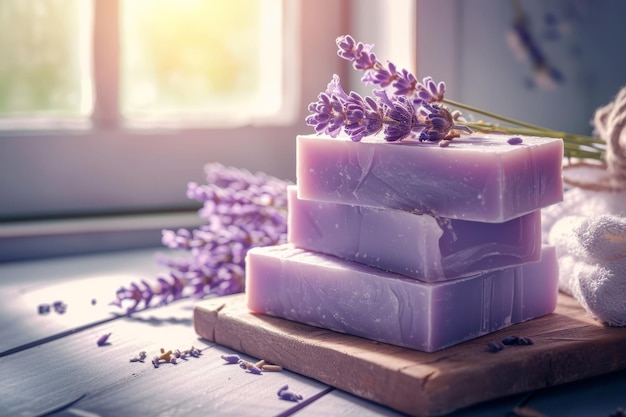 Natuurlijke zeep met lavendelextract Handgemaakte zeep met lavendelbloemen Generatieve AI
