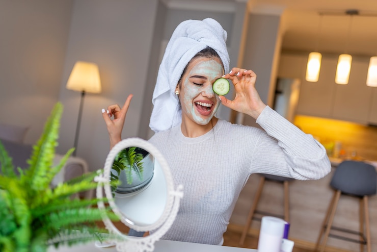 Foto natuurlijke zelfgemaakte gezichtsmaskers thuis. vrouw die masker op haar gezicht toepast en in de spiegel kijkt. mooie vrouw die natuurlijk gezichtsmasker toepast. schoonheidsbehandelingen.