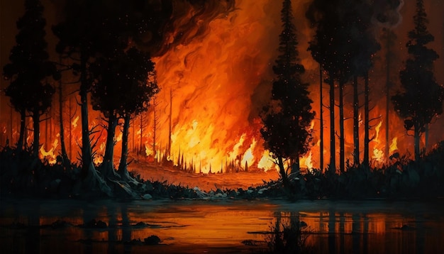 Natuurrampregenwoud op extreem vuur illustratie schilderij Generatieve AI