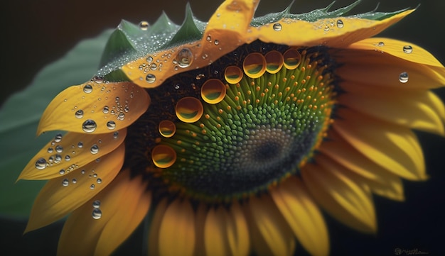 Natuurschoon in gele natte zonnebloembloemblaadjes gegenereerd door AI