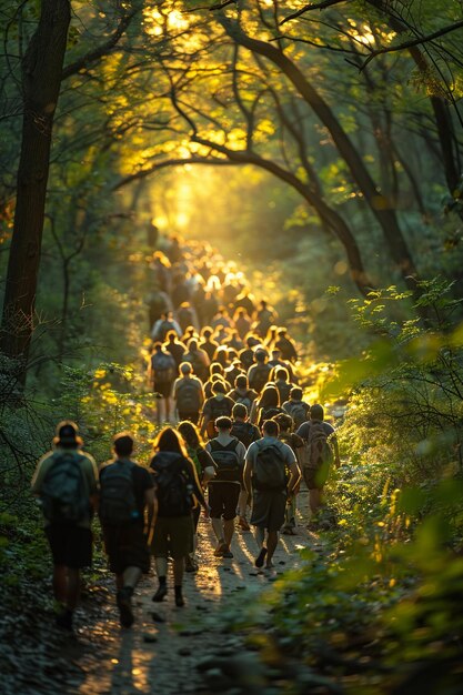 Natuurwandelpad met gezinnen die genieten van een weekendwandeling