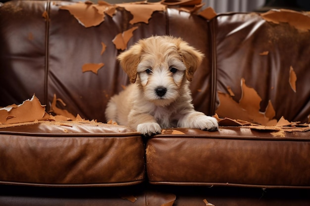 naughty playful puppy dog lying on couch at home Guilty dog and destroyed living room