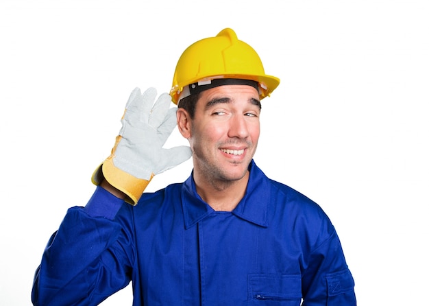 Naughty worker trying to listen on white background