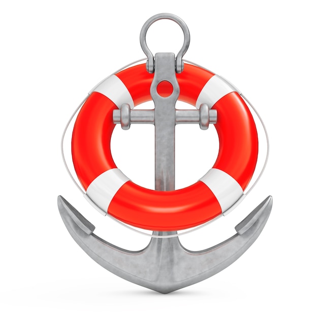 Nautical Anchor with Lifebuoy on a white background. 3d Rendering