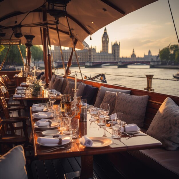 Photo nautical elegance luxurious riverside dining aboard a refurbished wartime english sailing vessel on