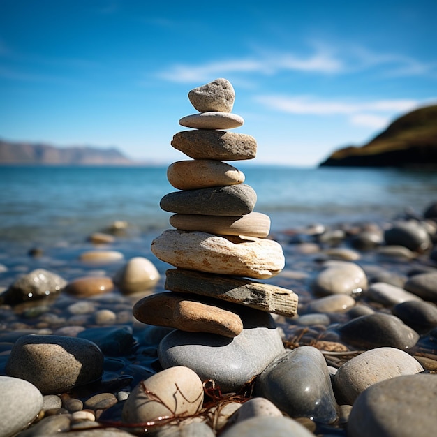 Nautical formation sea kissed stones stacked into a pyramid along the shore for social media post si