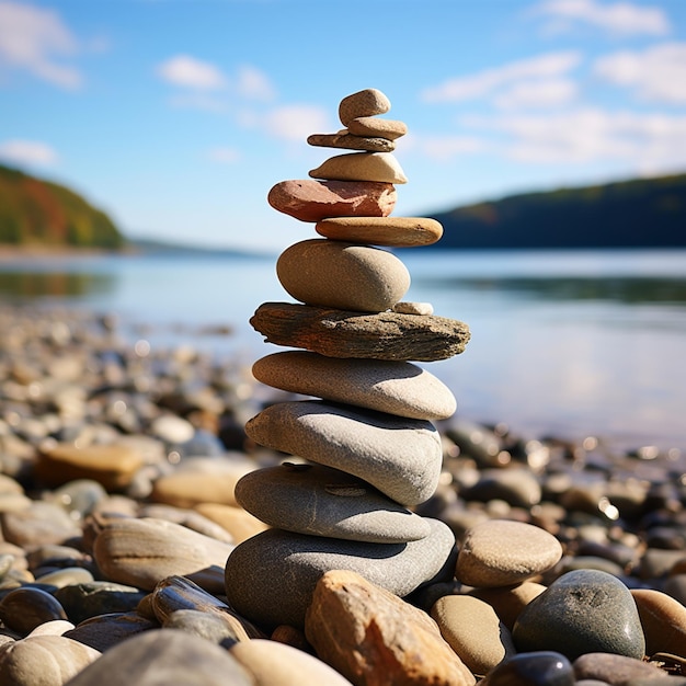 Nautical formation Sea kissed stones stacked into a pyramid along the shore For Social Media Post Si