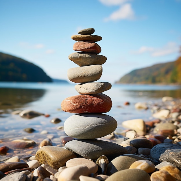 Nautical formation Sea kissed stones stacked into a pyramid along the shore For Social Media Post Si
