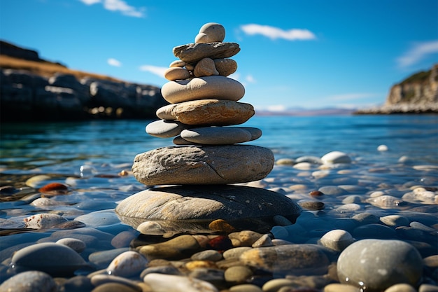 Nautical formation Sea kissed stones stacked into a pyramid along the shore