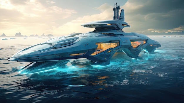 Nautical futuristic combat ship in the ocean