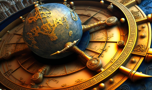 A nautical globe manipulation background with ship wheels representing global navigation and exploration