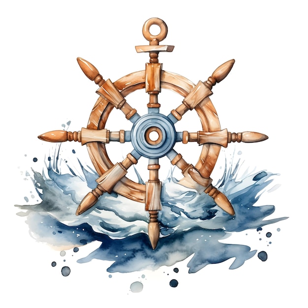 Nautical Harmony Watercolor Painting of a Ship SteeringWheel