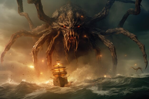 Nautical nightmare a massive spider poised near ships creating a scene of oceanic intrigue as it hunts for maritime prey