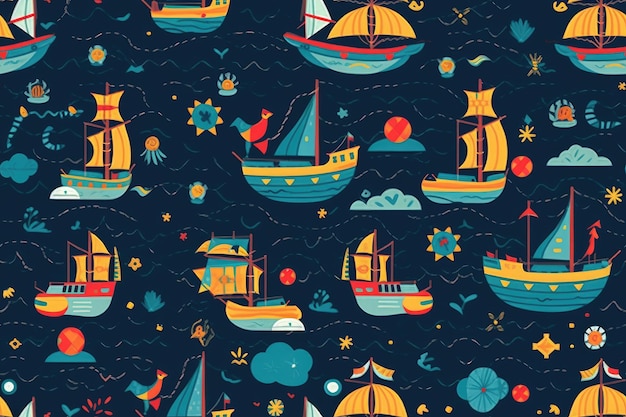 nautical seamless pattern boat sea themed